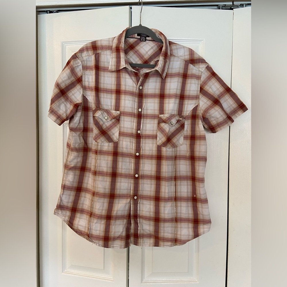 Arizona Jean Company Red and White Plaid Button Down Shirt